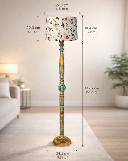 Royal Carving Antique Algae finish wooden floor lamp with Fabric Bird Shade for Beroom, Living room, corner standing lamp