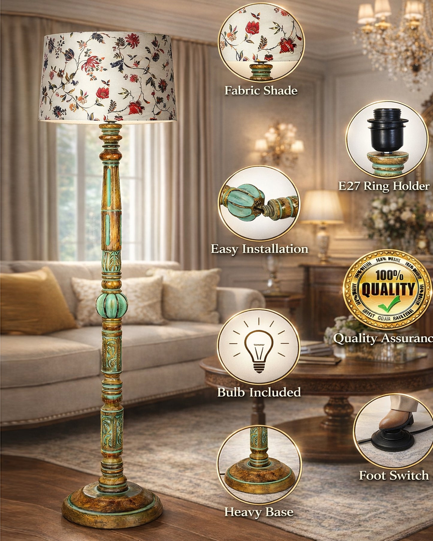 Royal Carving Antique Algae finish wooden floor lamp with Fabric Bird Shade for Beroom, Living room, corner standing lamp