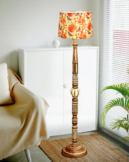 Royal Carving Antique White finish wooden floor lamp with Fabric Bird Shade