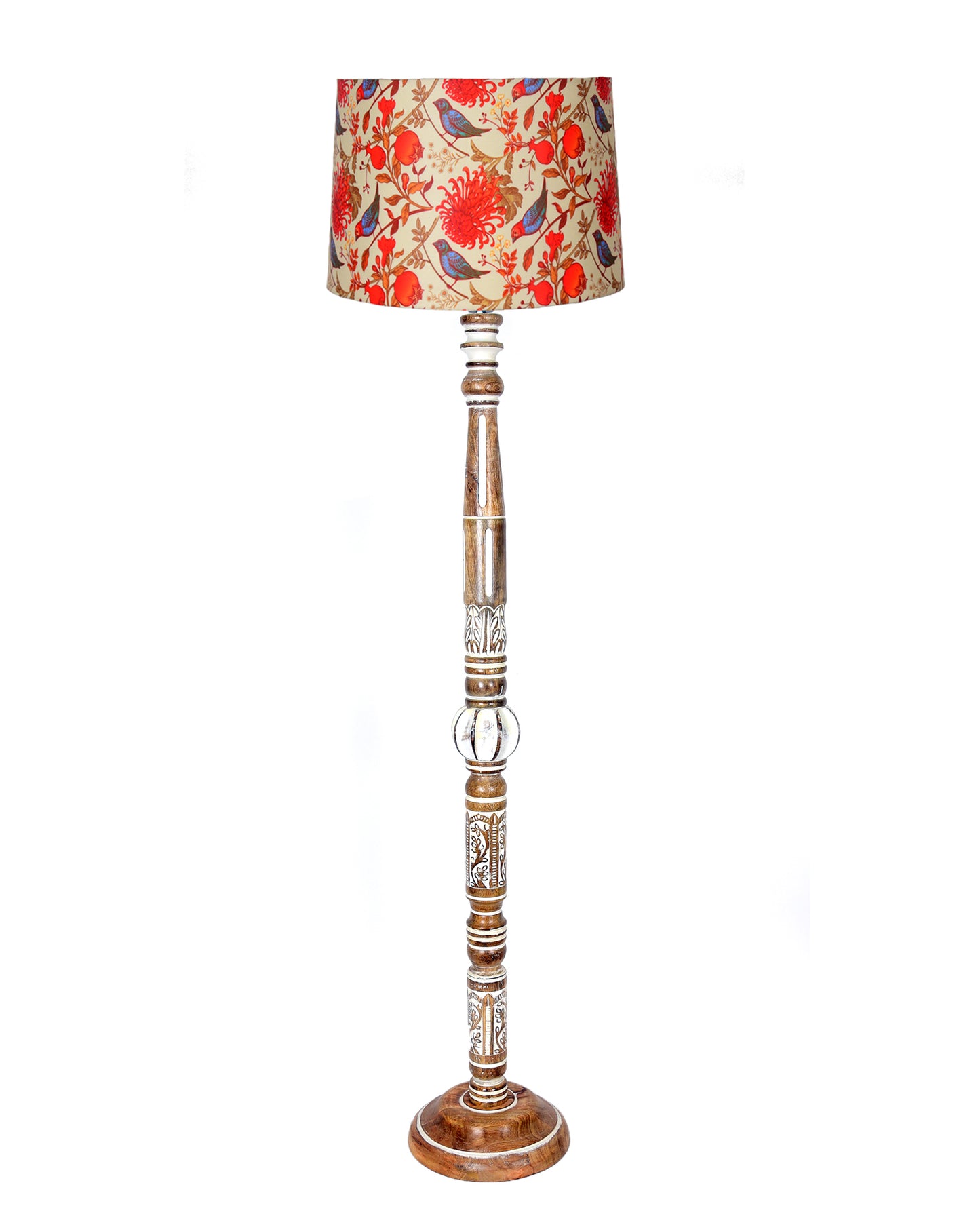 Royal Carving Antique White finish wooden floor lamp with Fabric Bird Shade