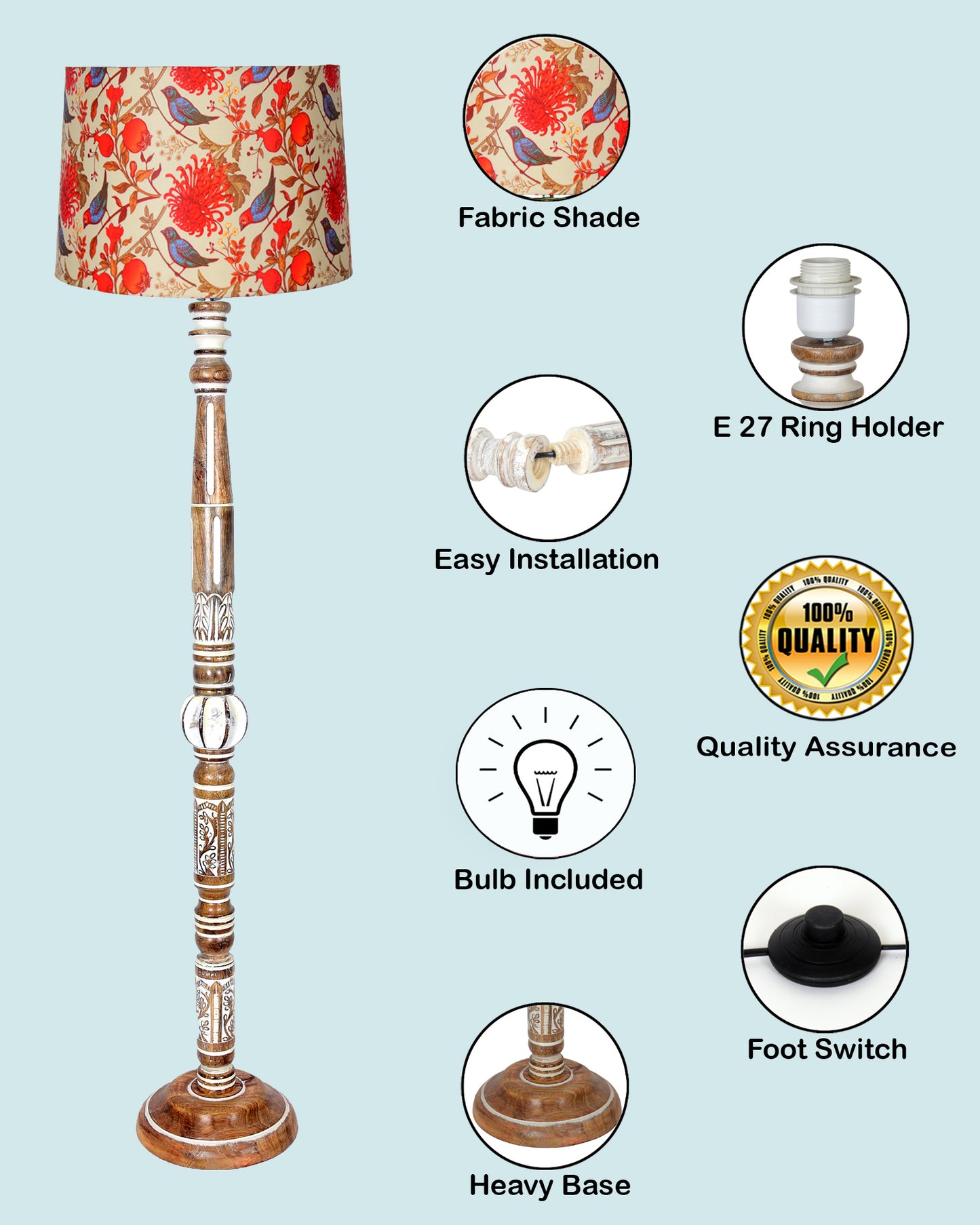 Royal Carving Antique White finish wooden floor lamp with Fabric Bird Shade