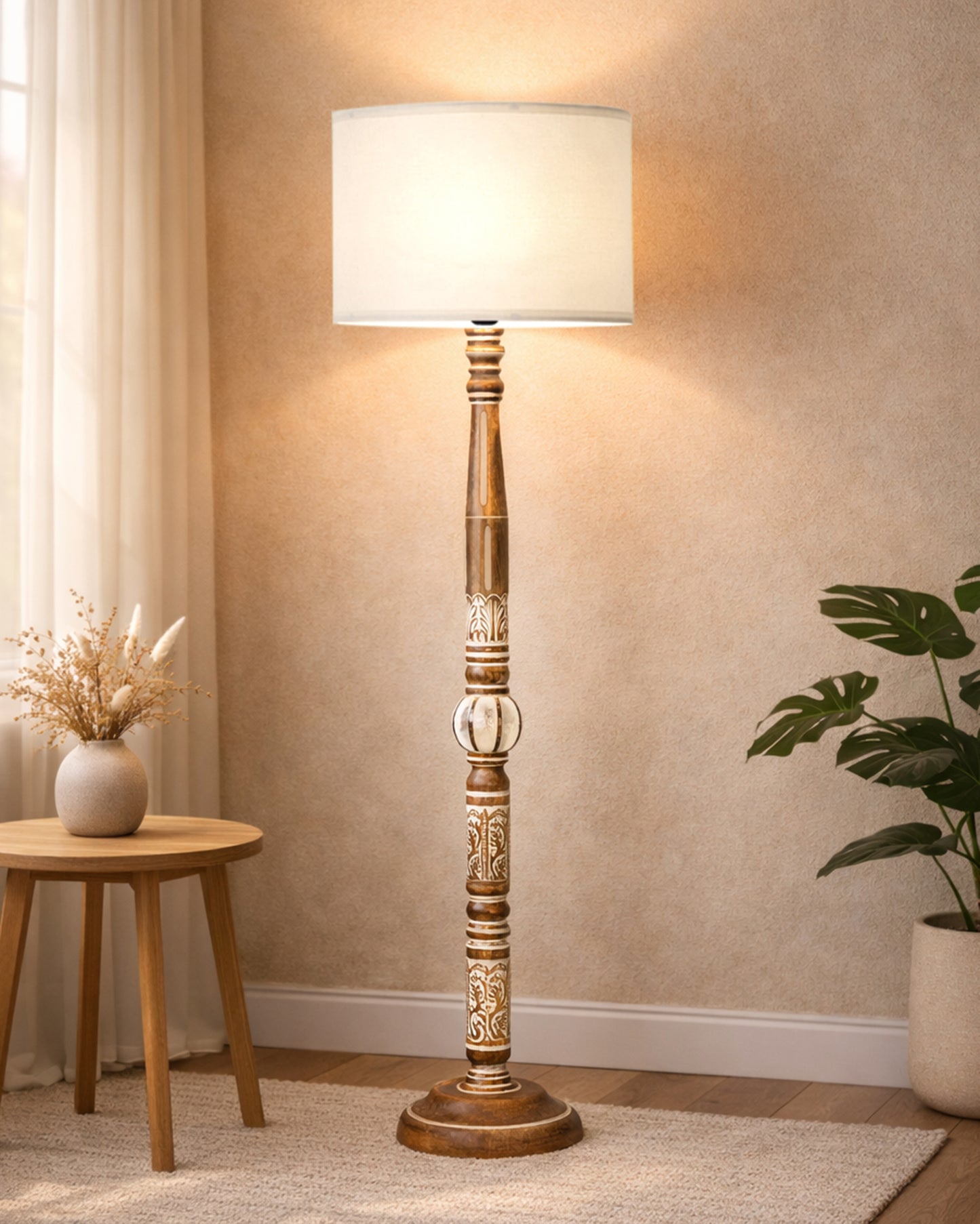 Royal Carving Antique White finish wooden floor lamp with Fabric Bird Shade
