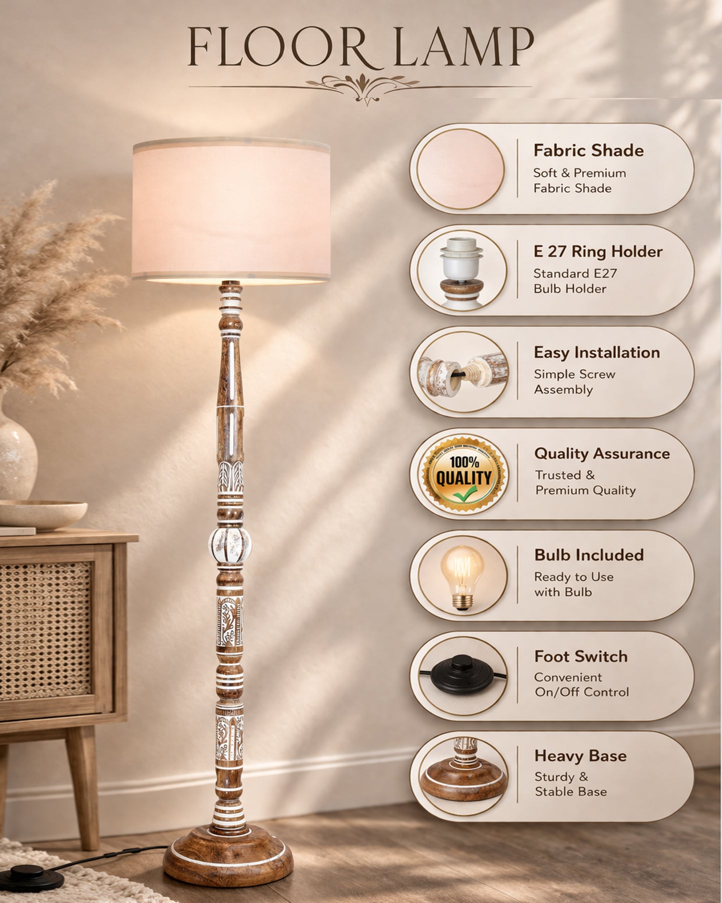 Royal Carving Antique White finish wooden floor lamp with Fabric Bird Shade