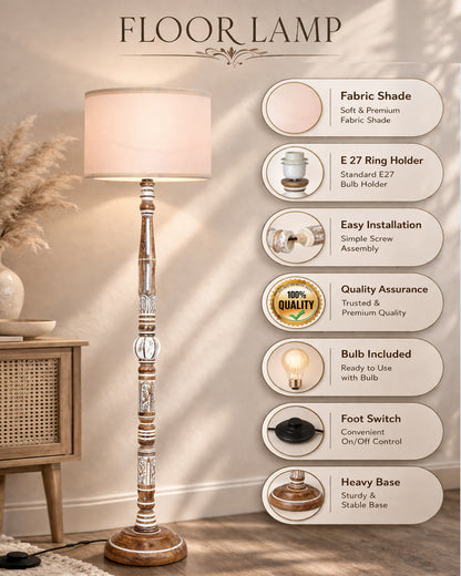 Royal Carving Antique White finish wooden floor lamp with Fabric Bird Shade