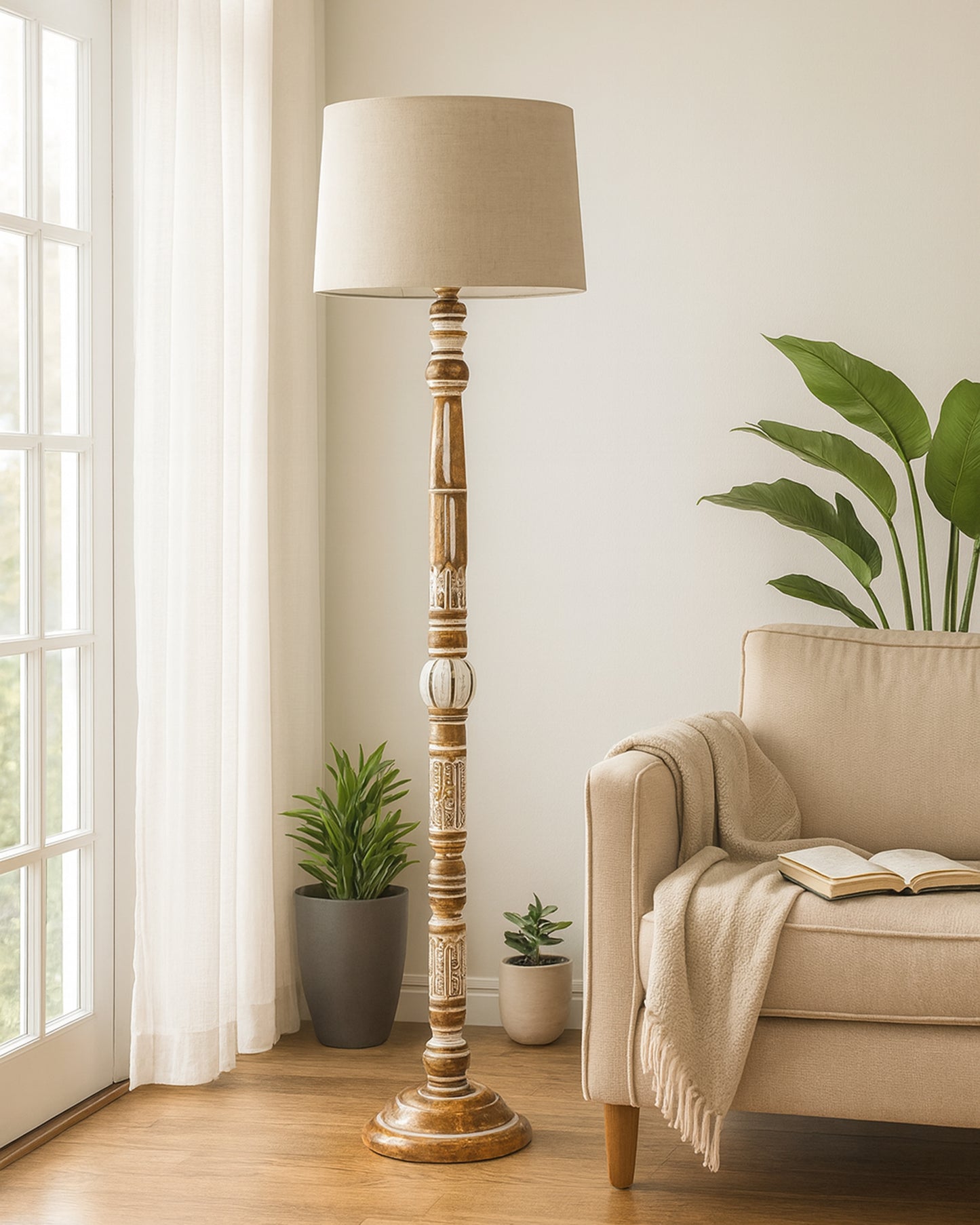 Royal Carving Antique White finish wooden floor lamp with Fabric Bird Shade