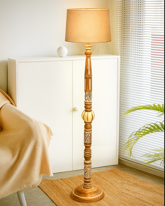 Royal Carving Antique White finish wooden floor lamp with Fabric Bird Shade