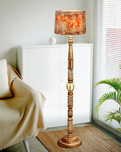 Royal Carving Antique White finish wooden floor lamp with Fabric Bird Shade