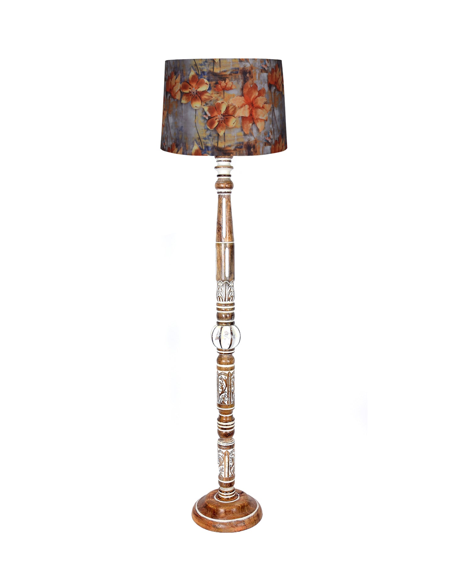 Royal Carving Antique White finish wooden floor lamp with Fabric Bird Shade