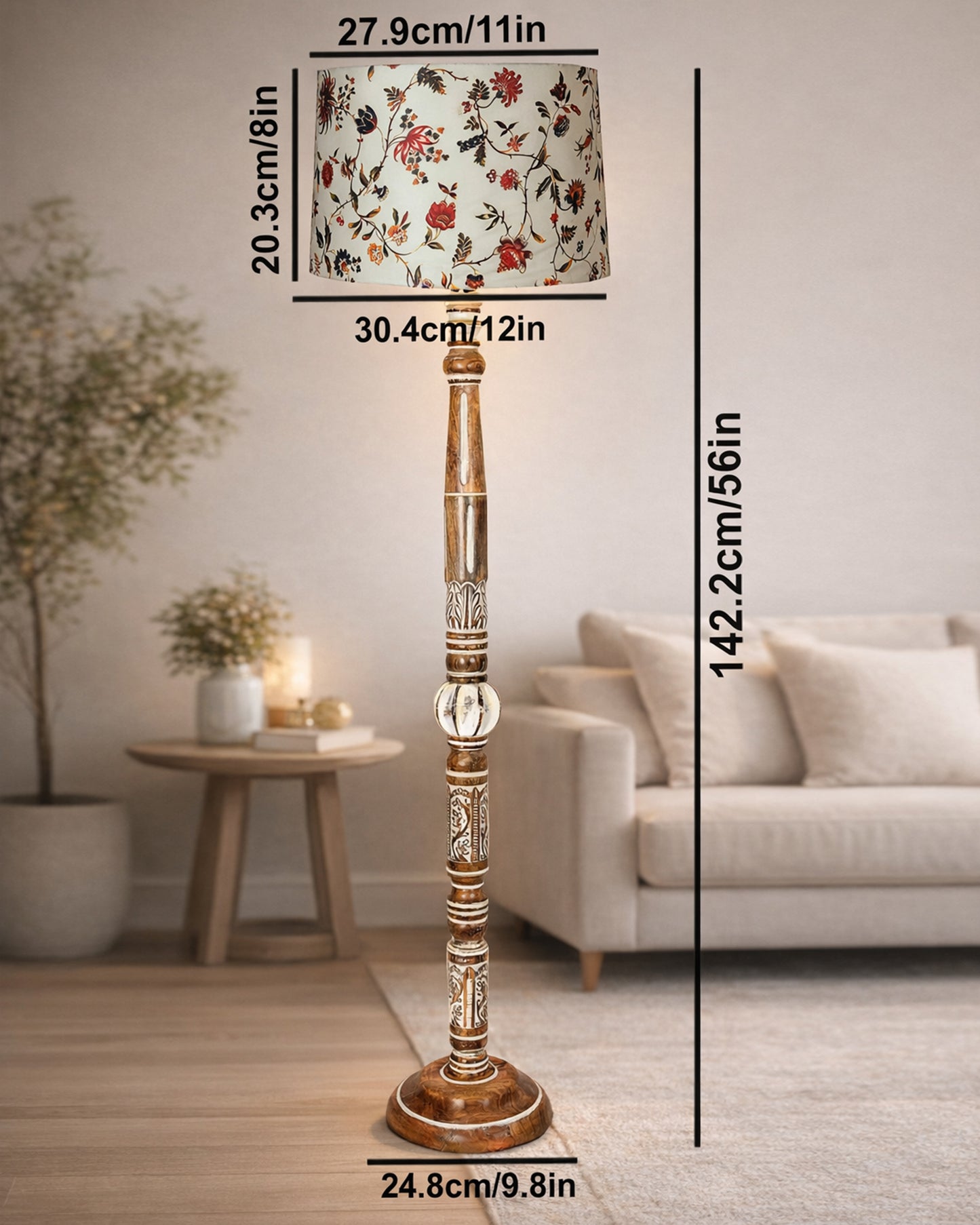 Royal Carving Antique White finish wooden floor lamp with Fabric Bird Shade