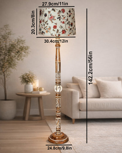 Royal Carving Antique White finish wooden floor lamp with Fabric Bird Shade