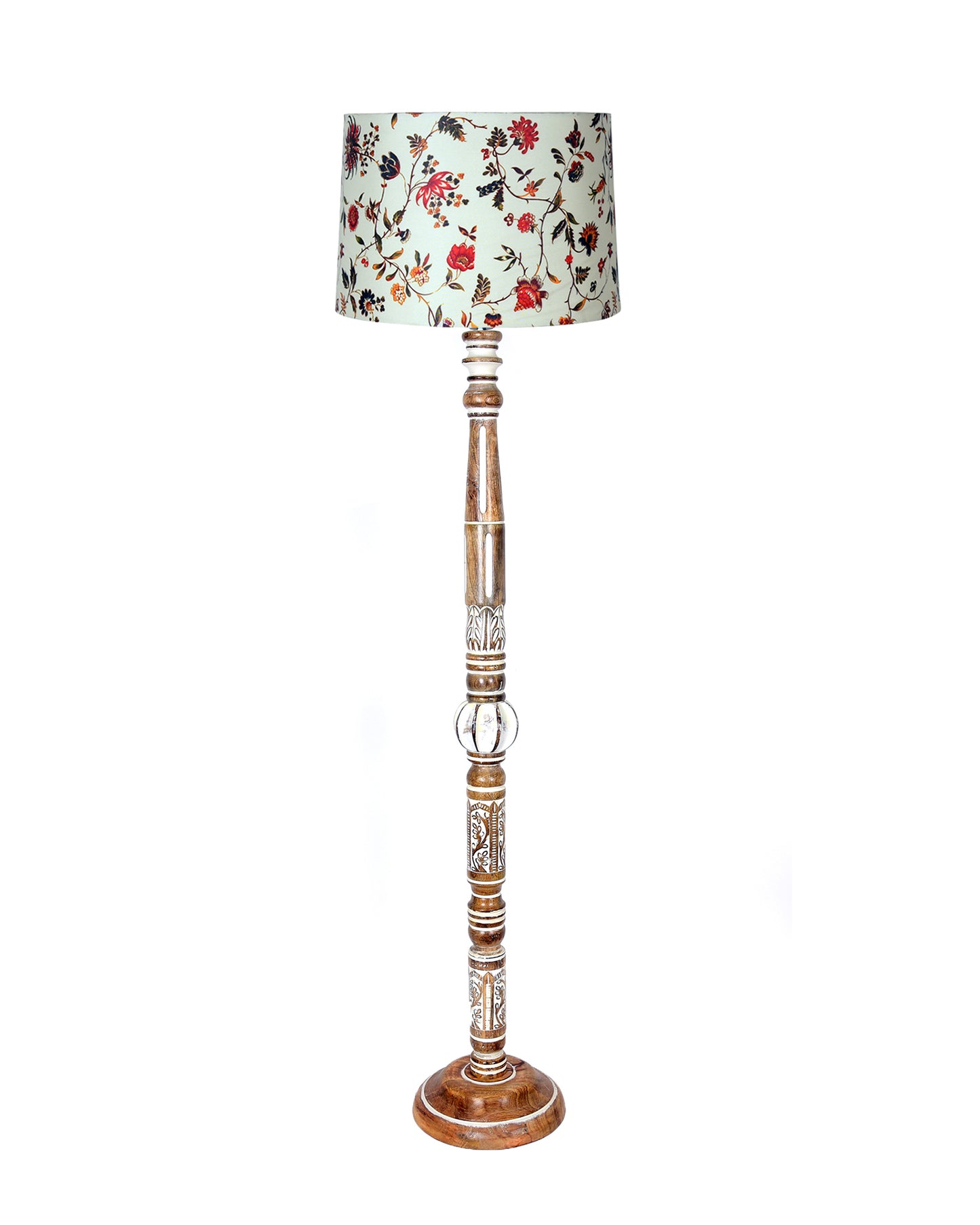 Royal Carving Antique White finish wooden floor lamp with Fabric Bird Shade