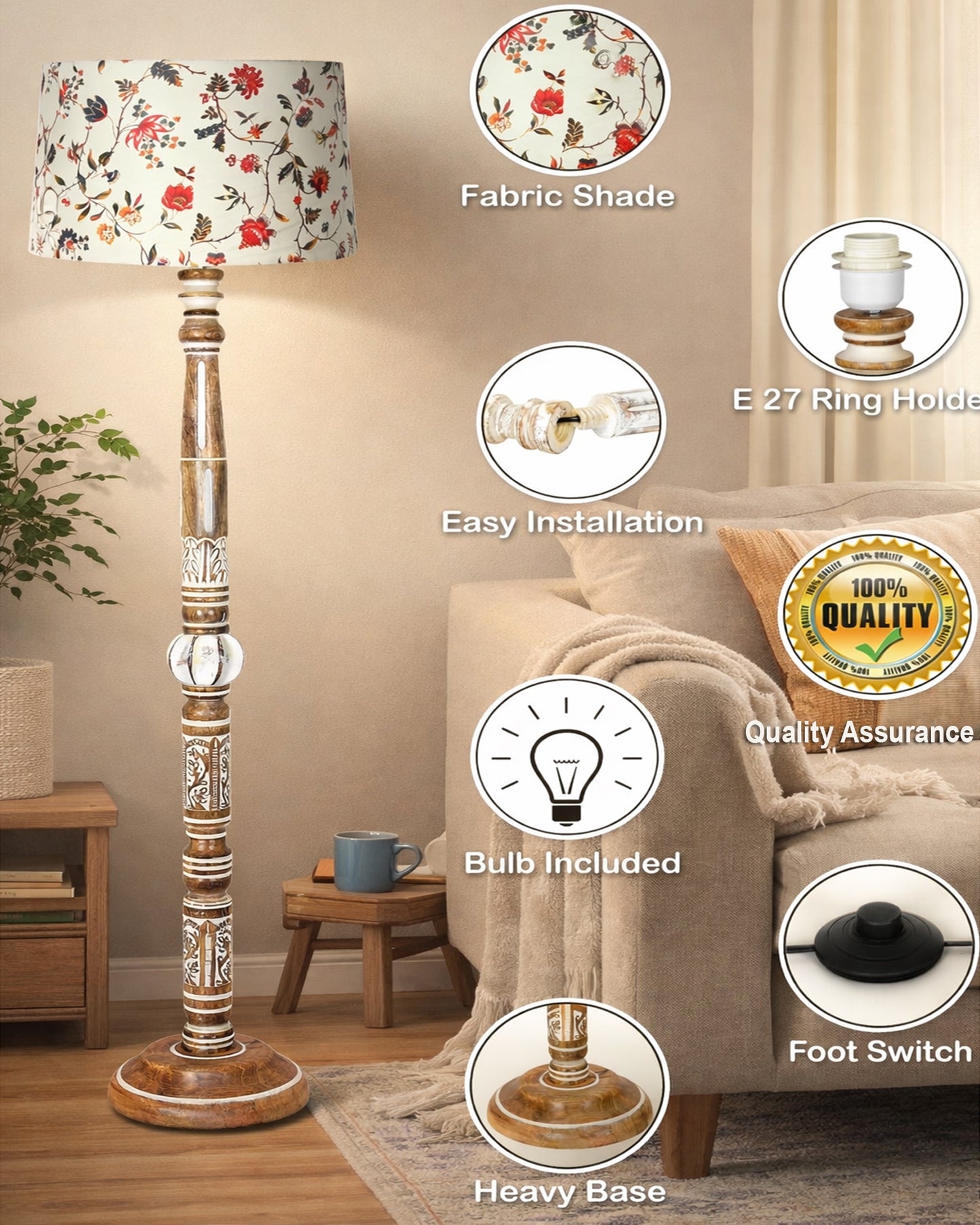 Royal Carving Antique White finish wooden floor lamp with Fabric Bird Shade