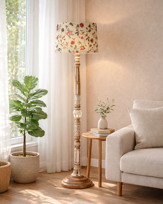Royal Carving Antique White finish wooden floor lamp with Fabric Bird Shade