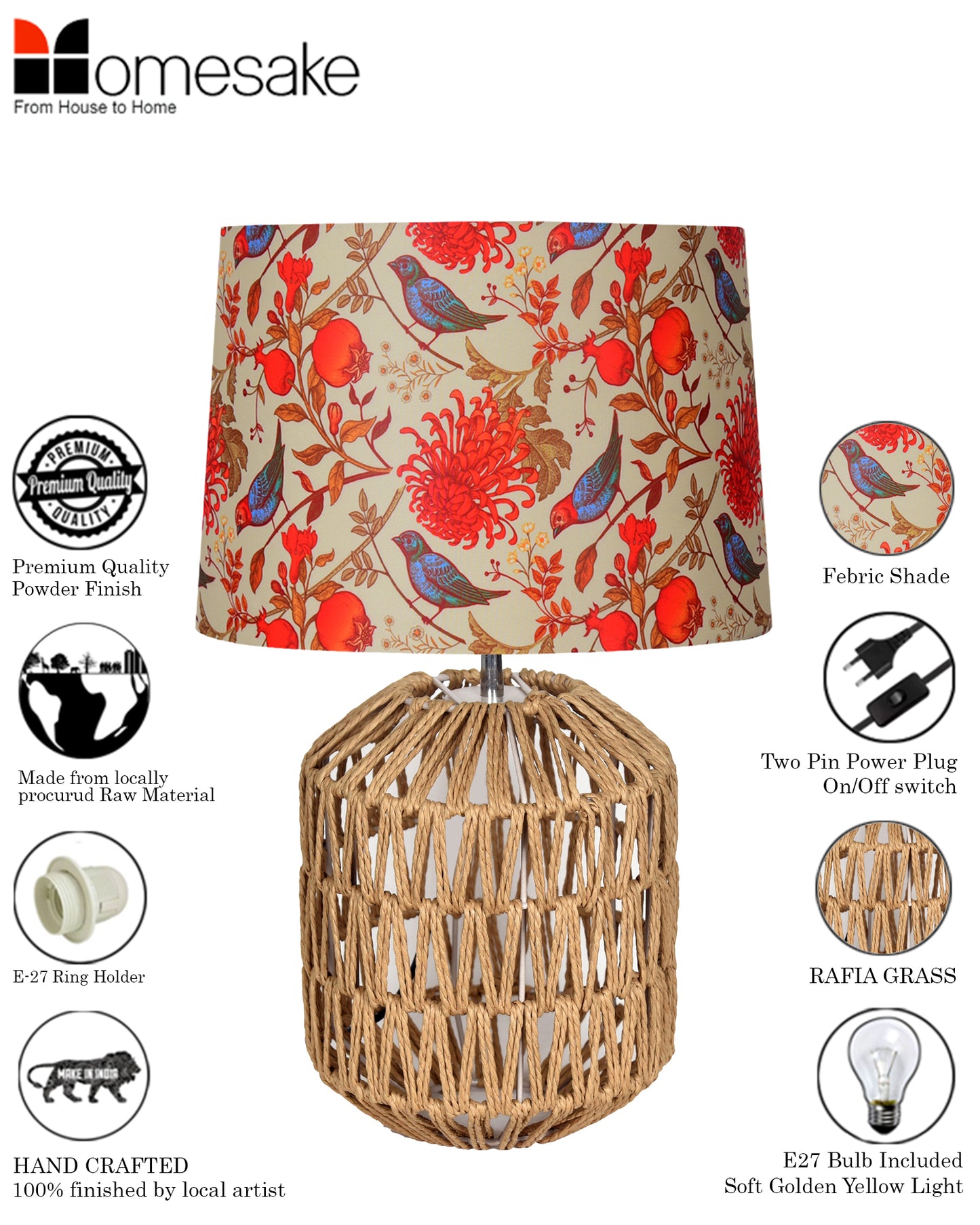 Seagrass Weave Table Lamp Coastal Cottage Bedside Desk Nightstand Lamp for Bedroom Living Room Office College Bookcase Natural Handmade Oval, Bird Drum