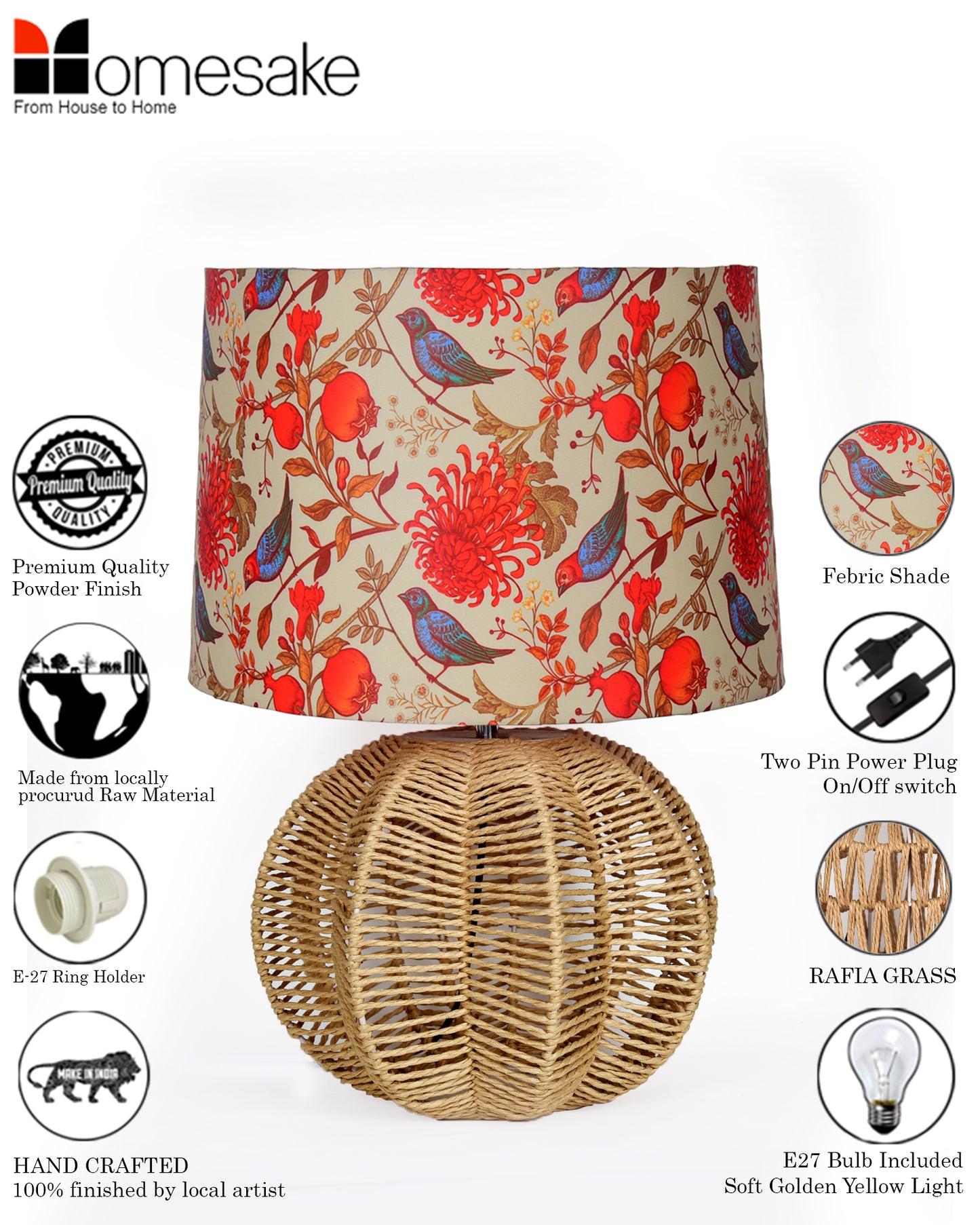 Seagrass Weave Table Lamp Coastal Cottage Bedside Desk Nightstand Lamp for Bedroom Living Room Office College Bookcase Natural Handmade Sphere, Bird Drum