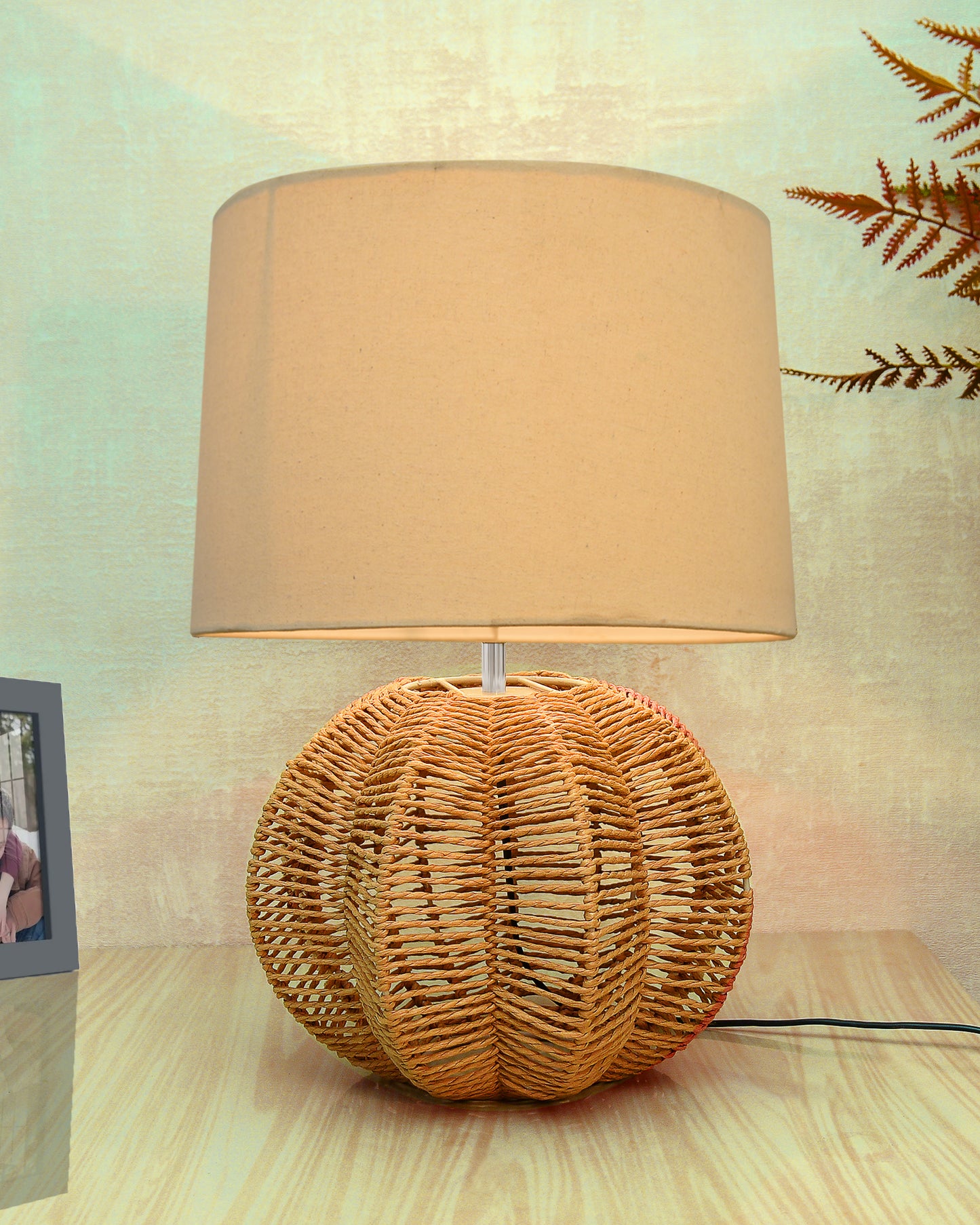 Seagrass Weave Table Lamp Coastal Cottage Bedside Desk Nightstand Lamp for Bedroom Living Room Office College Bookcase Natural Handmade Sphere, Bird Drum