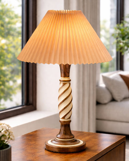 Homesake® White Twister Wood Table lamp, Rustic Farmhouse Solid Wood for Bedroom & Living Room | Home Decor Lighting | Modern Design Bedside Lamp with Fabric Shade