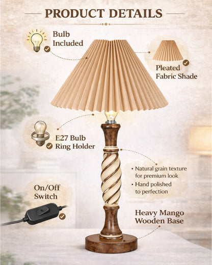 Homesake® White Twister Wood Table lamp, Rustic Farmhouse Solid Wood for Bedroom & Living Room | Home Decor Lighting | Modern Design Bedside Lamp with Fabric Shade