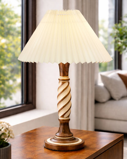 Homesake® White Twister Wood Table lamp, Rustic Farmhouse Solid Wood for Bedroom & Living Room | Home Decor Lighting | Modern Design Bedside Lamp with Fabric Shade