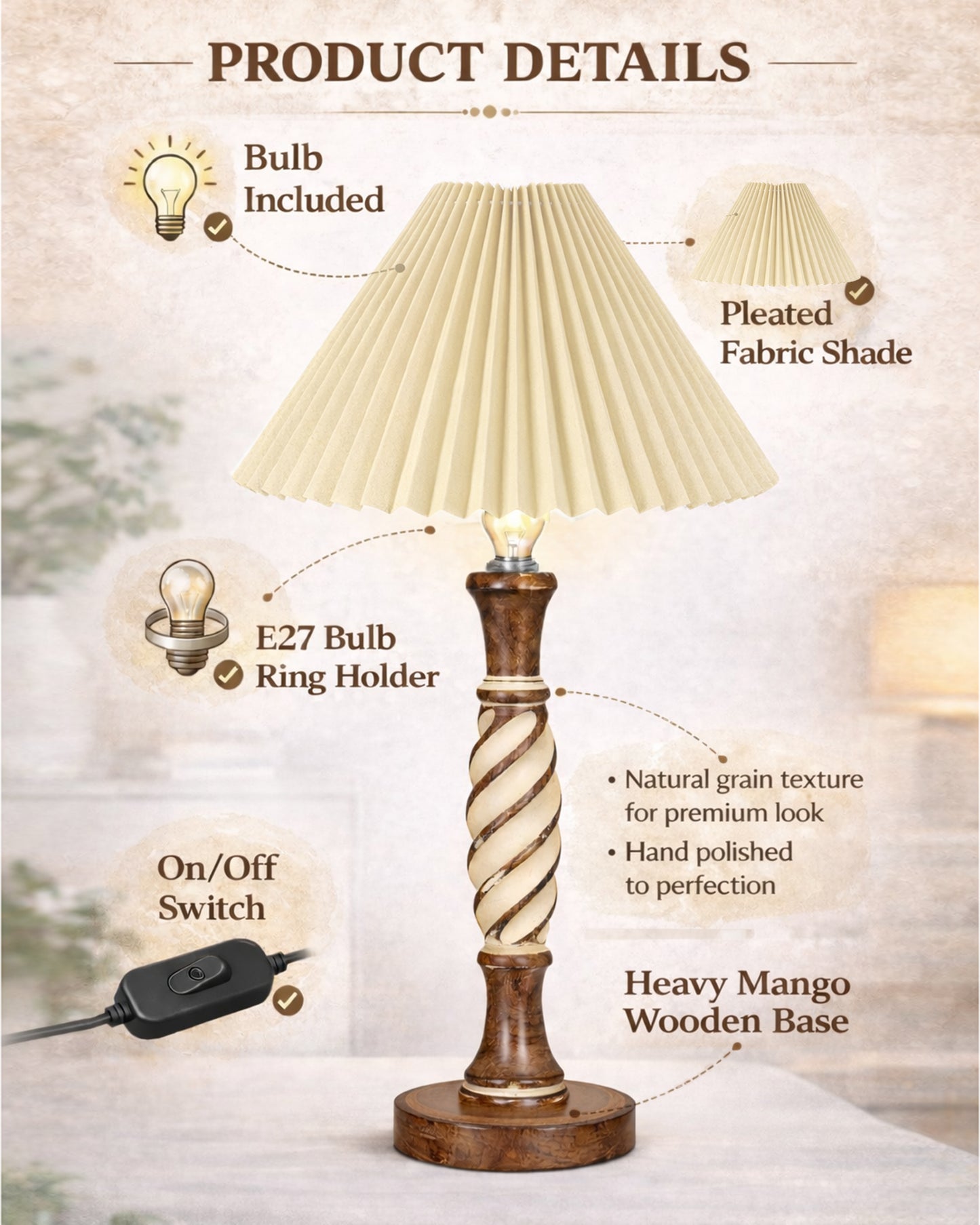 Homesake® White Twister Wood Table lamp, Rustic Farmhouse Solid Wood for Bedroom & Living Room | Home Decor Lighting | Modern Design Bedside Lamp with Fabric Shade