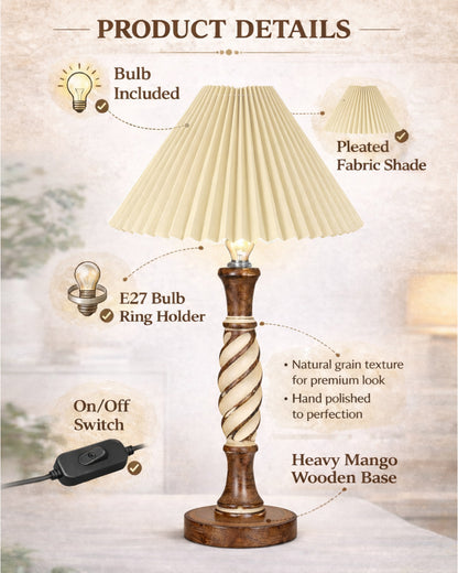 Homesake® White Twister Wood Table lamp, Rustic Farmhouse Solid Wood for Bedroom & Living Room | Home Decor Lighting | Modern Design Bedside Lamp with Fabric Shade