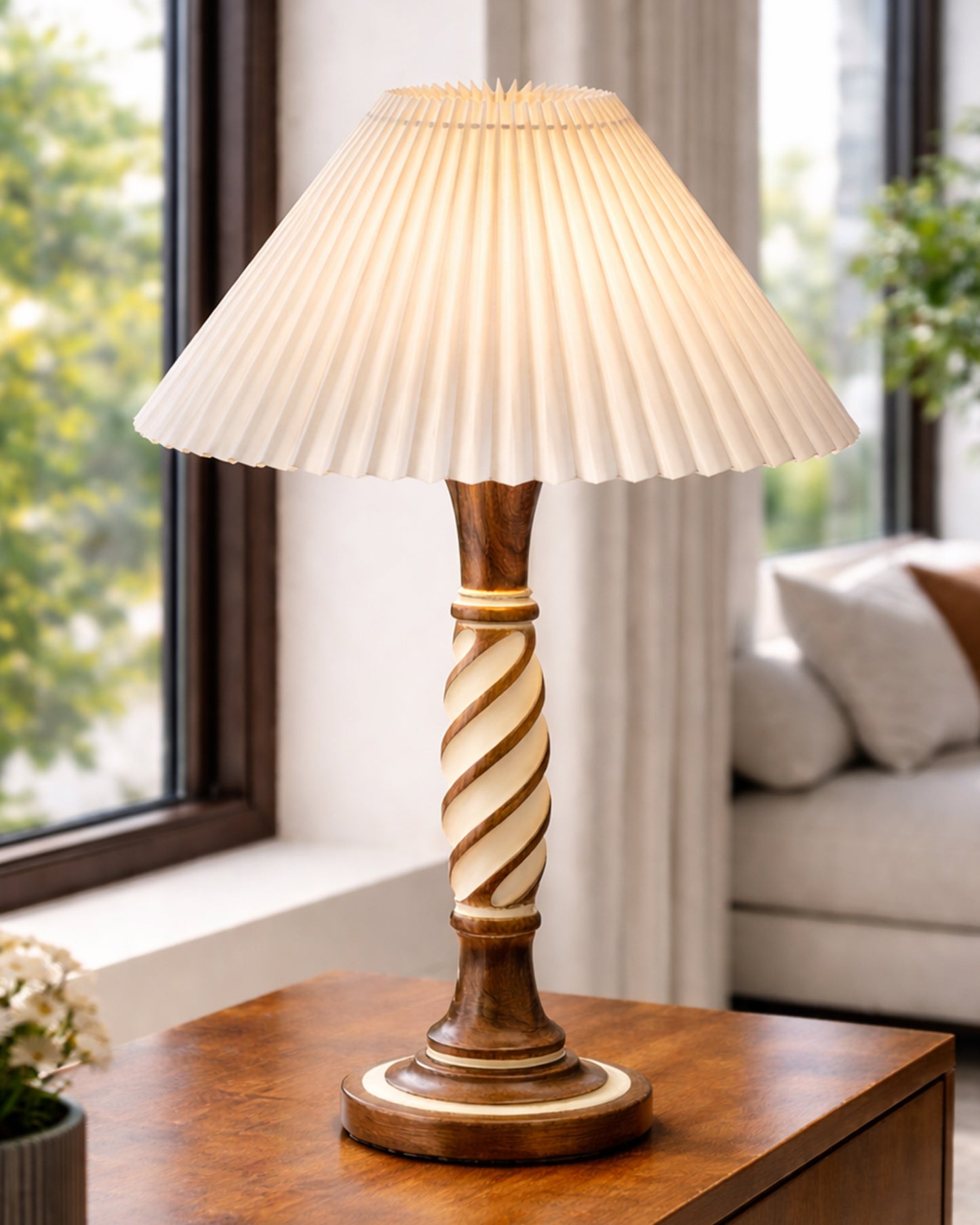 Homesake® White Twister Wood Table lamp, Rustic Farmhouse Solid Wood for Bedroom & Living Room | Home Decor Lighting | Modern Design Bedside Lamp with Fabric Shade