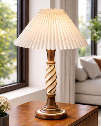 Homesake® White Twister Wood Table lamp, Rustic Farmhouse Solid Wood for Bedroom & Living Room | Home Decor Lighting | Modern Design Bedside Lamp with Fabric Shade