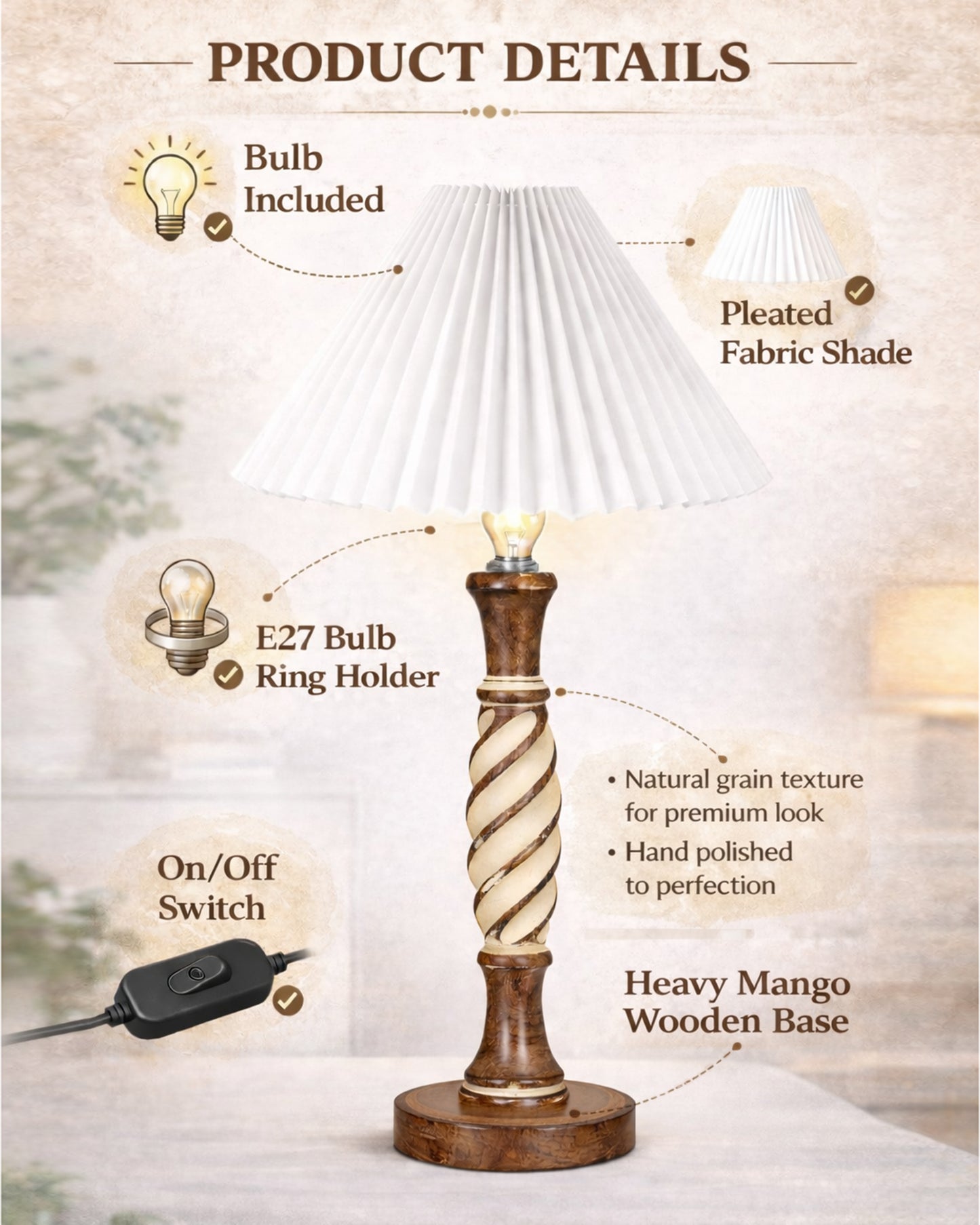 Homesake® White Twister Wood Table lamp, Rustic Farmhouse Solid Wood for Bedroom & Living Room | Home Decor Lighting | Modern Design Bedside Lamp with Fabric Shade