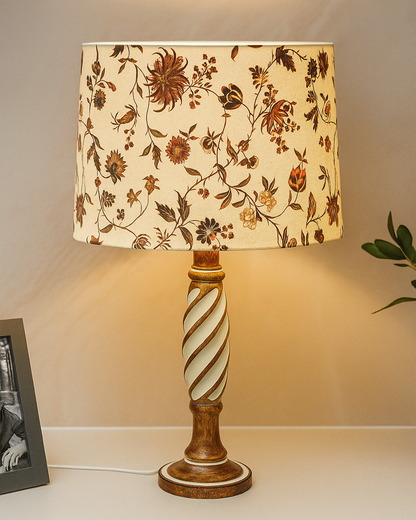 Antique White Twister Wood Table lamp, Rustic Farmhouse Bedside Light, Khadi Fabric shade