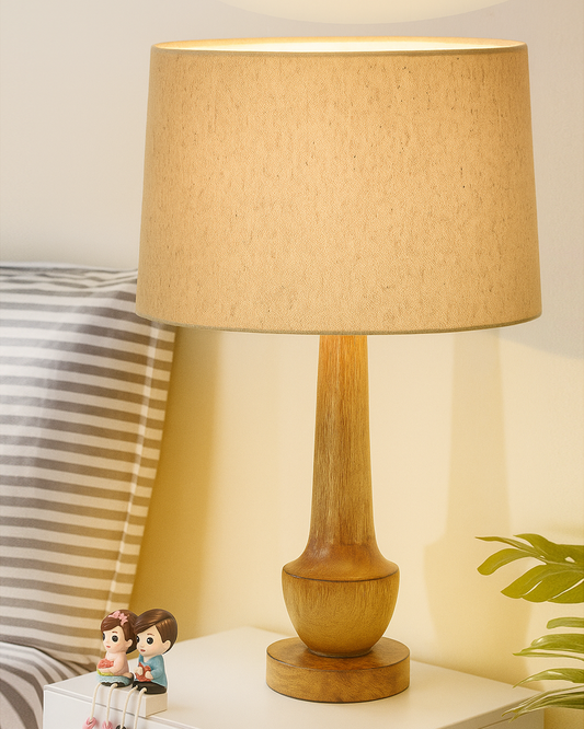 Rustic Turnip Wood Table lamp for home, Bedside farmhouse Living Room Light, Khadi fabric shade