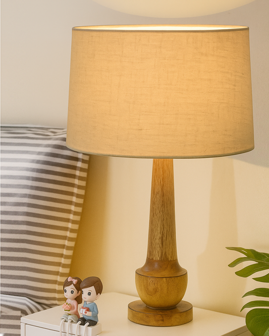 Rustic Turnip Wood Table lamp for home, Bedside farmhouse Living Room Light, Khadi fabric shade