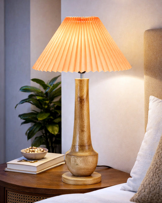 Homesake® Rustic Turnip Wood Table lamp, Bedside Farmhouse Solid Wood Lamp for Bedroom & Living Room | Home Decor Lighting | Desk Accessories | Bedside Lamp with Fabric Shade