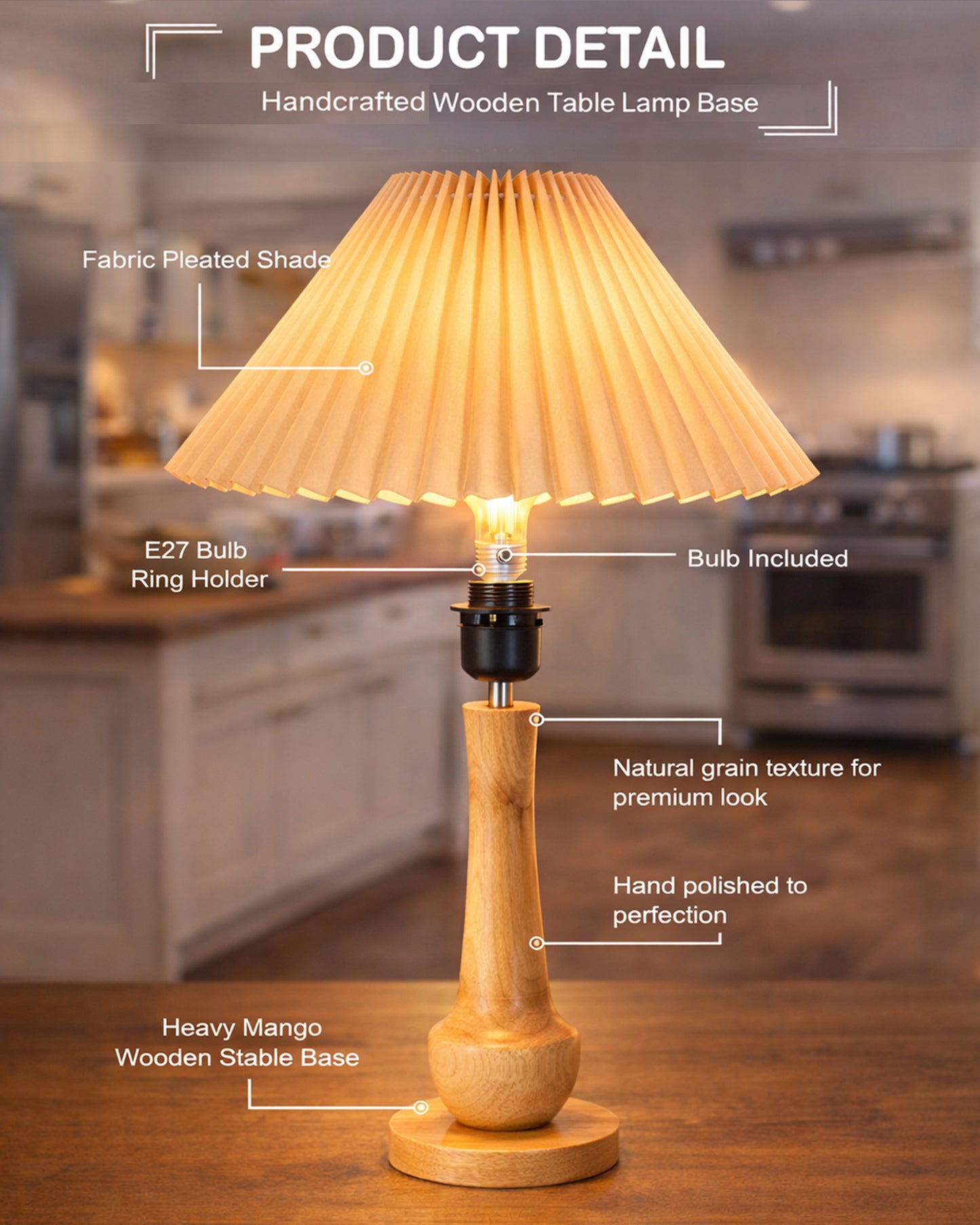 Homesake® Rustic Turnip Wood Table lamp, Bedside Farmhouse Solid Wood Lamp for Bedroom & Living Room | Home Decor Lighting | Desk Accessories | Bedside Lamp with Fabric Shade