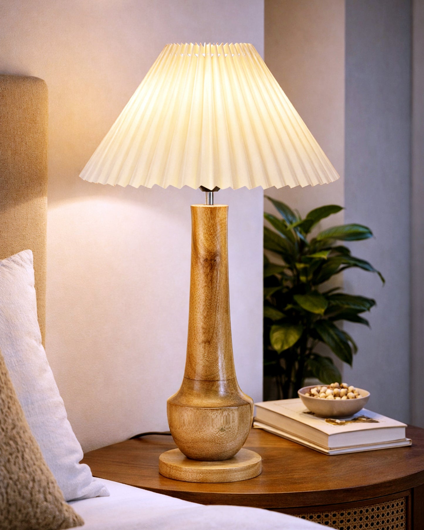 Homesake® Rustic Turnip Wood Table lamp, Bedside Farmhouse Solid Wood Lamp for Bedroom & Living Room | Home Decor Lighting | Desk Accessories | Bedside Lamp with Fabric Shade