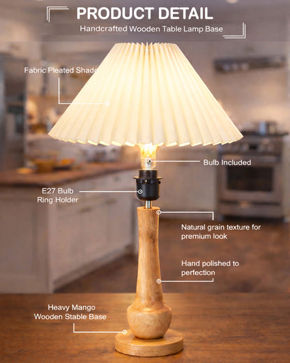 Homesake® Rustic Turnip Wood Table lamp, Bedside Farmhouse Solid Wood Lamp for Bedroom & Living Room | Home Decor Lighting | Desk Accessories | Bedside Lamp with Fabric Shade