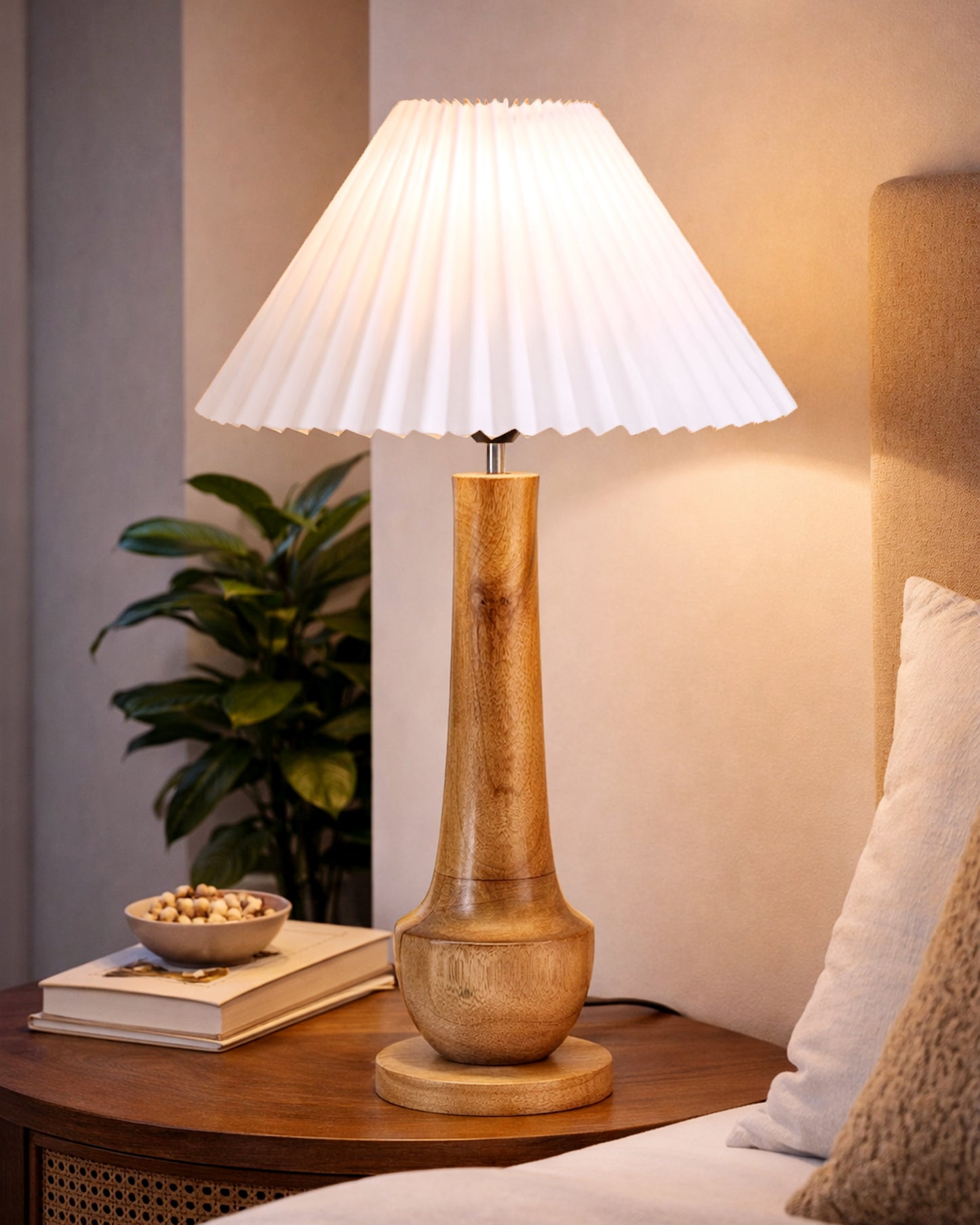 Homesake® Rustic Turnip Wood Table lamp, Bedside Farmhouse Solid Wood Lamp for Bedroom & Living Room | Home Decor Lighting | Desk Accessories | Bedside Lamp with Fabric Shade