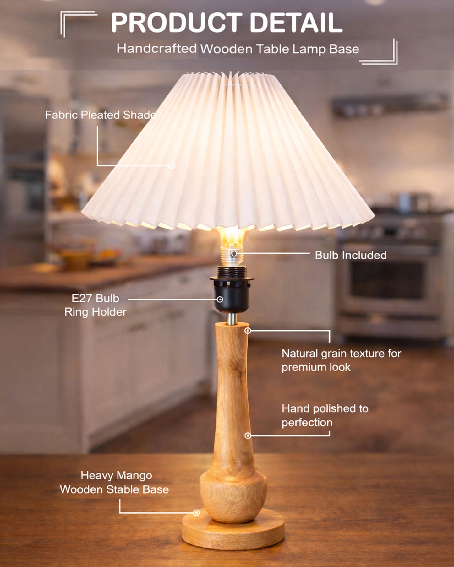 Homesake® Rustic Turnip Wood Table lamp, Bedside Farmhouse Solid Wood Lamp for Bedroom & Living Room | Home Decor Lighting | Desk Accessories | Bedside Lamp with Fabric Shade