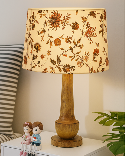 Rustic Turnip Wood Table lamp for home, Bedside farmhouse Living Room Light, Khadi fabric shade