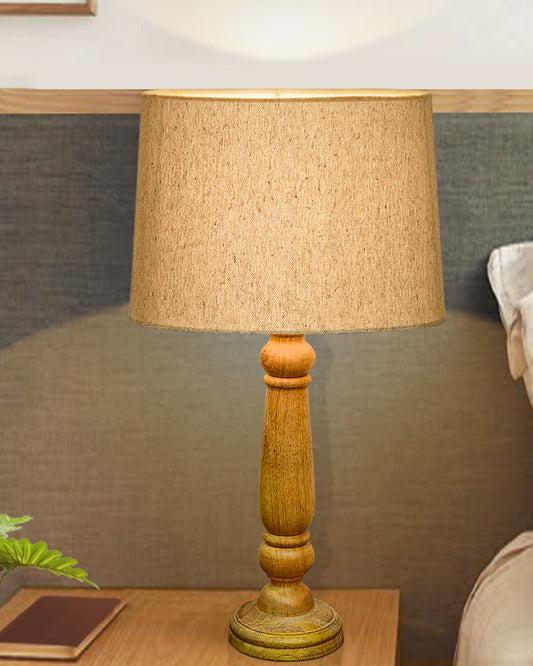 Mable Rustic Wood Table Lamp, Industrial Bedside Living Room Light, Khadi Drum Shade
