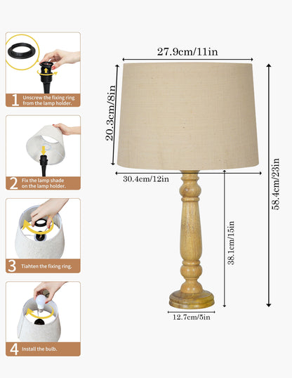 Mable Rustic Wood Table Lamp, Industrial Bedside Living Room Light, Khadi Drum Shade
