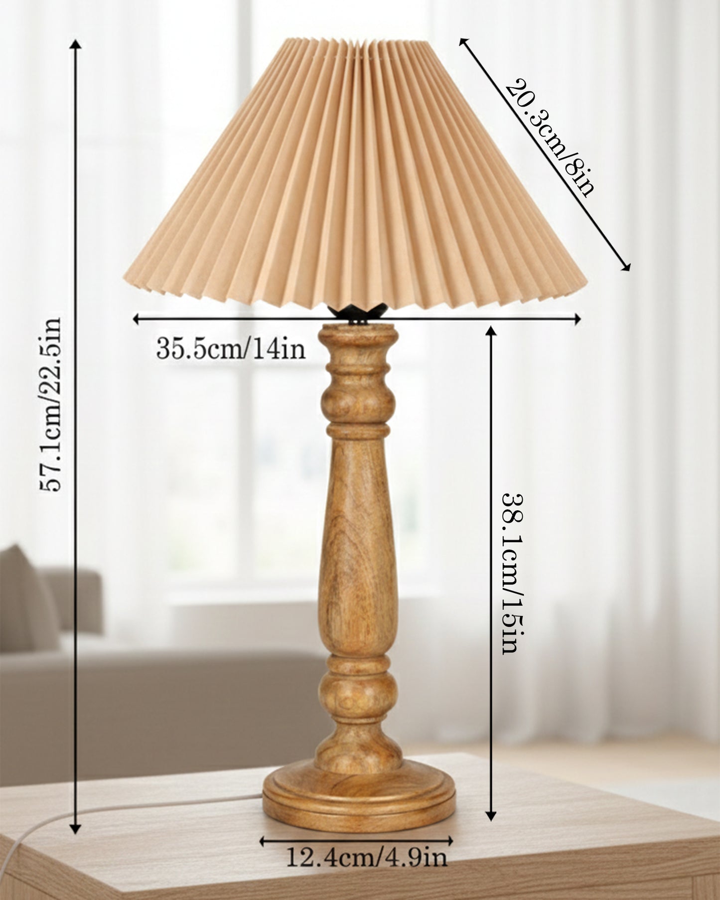 Homesake® Wood Bubble Bedside farmhouse Solid Wood Bedside Lamp for Bedroom | Decorative Table Light for Home & Gifting, Pleated White Shade