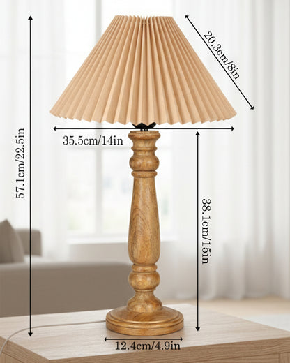 Homesake® Wood Bubble Bedside farmhouse Solid Wood Bedside Lamp for Bedroom | Decorative Table Light for Home & Gifting, Pleated White Shade