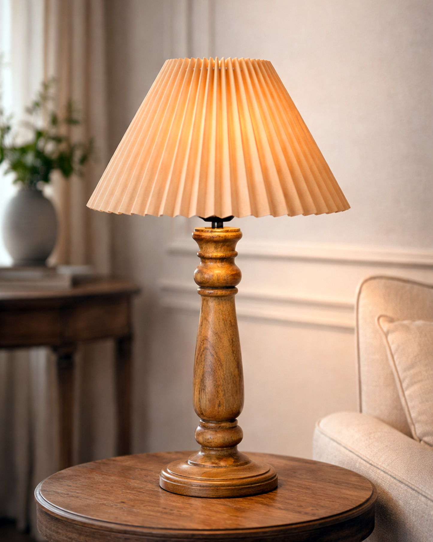 Homesake® Wood Bubble Bedside farmhouse Solid Wood Bedside Lamp for Bedroom | Decorative Table Light for Home & Gifting, Pleated White Shade