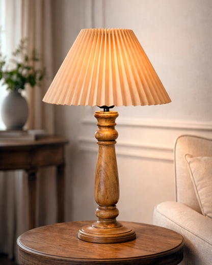 Homesake® Wood Bubble Bedside farmhouse Solid Wood Bedside Lamp for Bedroom | Decorative Table Light for Home & Gifting, Pleated White Shade