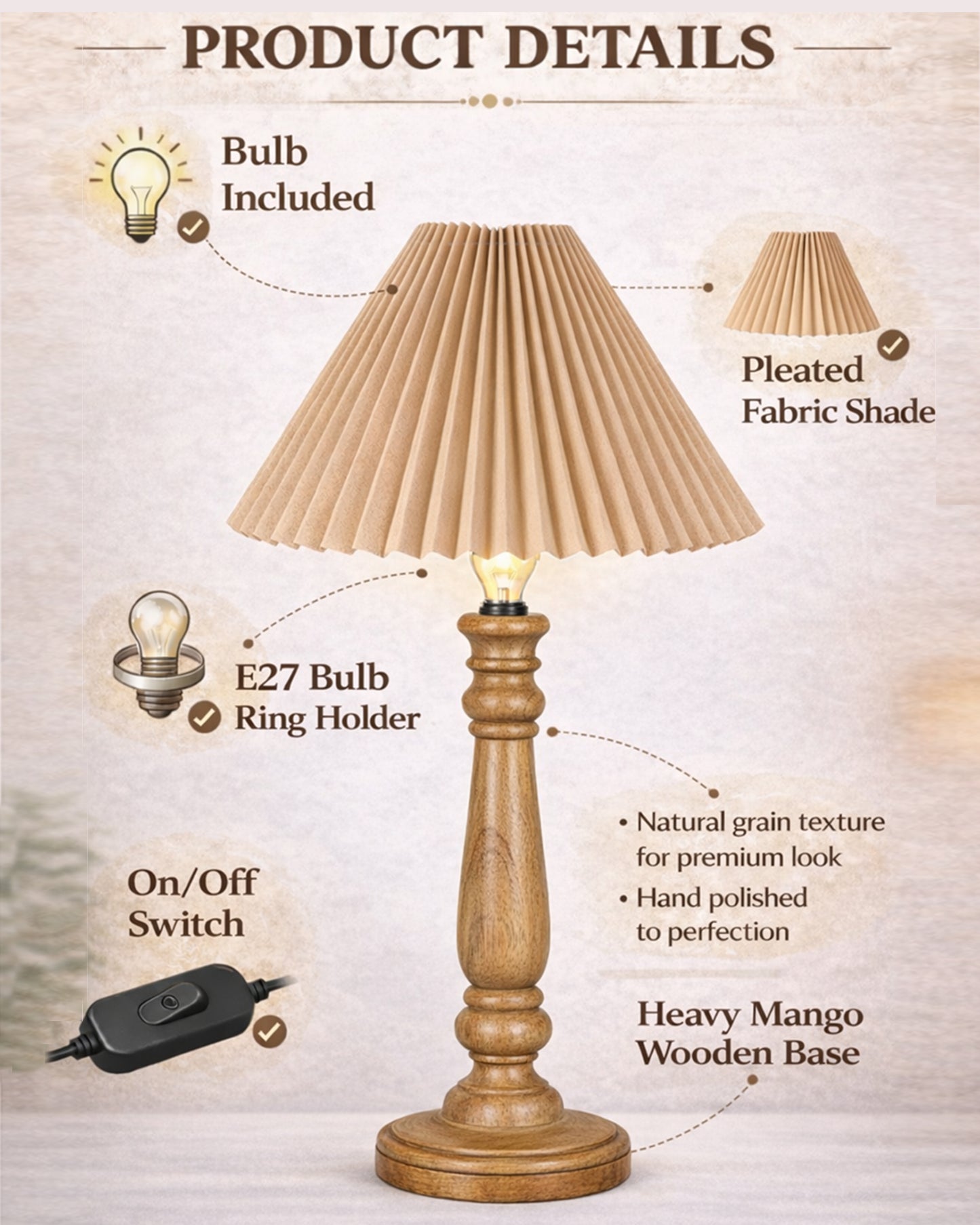 Homesake® Wood Bubble Bedside farmhouse Solid Wood Bedside Lamp for Bedroom | Decorative Table Light for Home & Gifting, Pleated White Shade