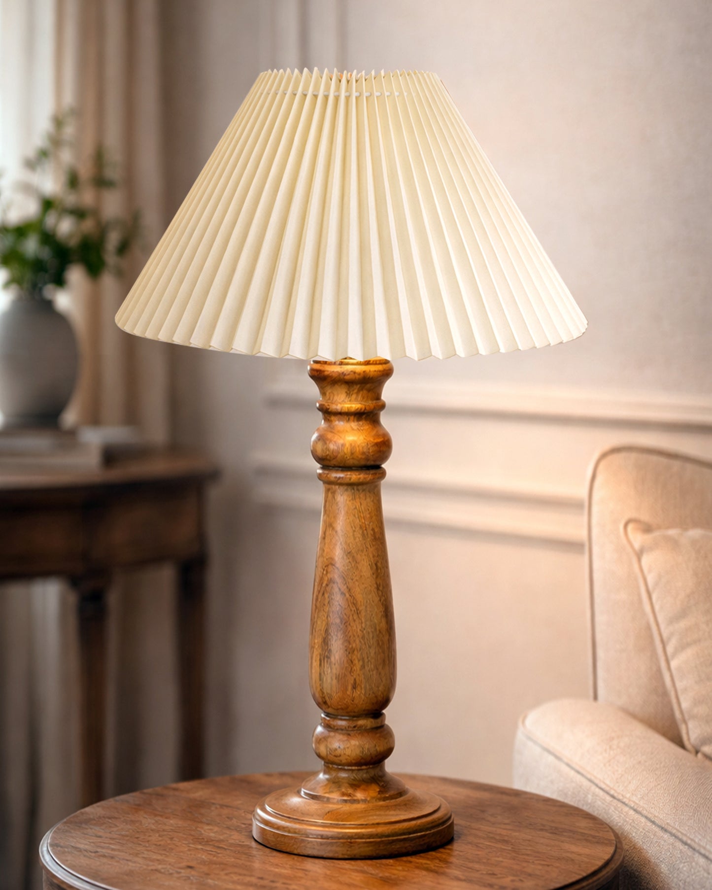 Homesake® Wood Bubble Bedside farmhouse Solid Wood Bedside Lamp for Bedroom | Decorative Table Light for Home & Gifting, Pleated White Shade