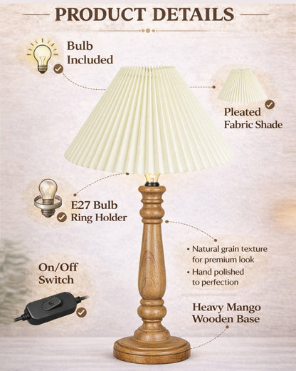 Homesake® Wood Bubble Bedside farmhouse Solid Wood Bedside Lamp for Bedroom | Decorative Table Light for Home & Gifting, Pleated White Shade