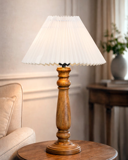 Homesake® Wood Bubble Bedside farmhouse Solid Wood Bedside Lamp for Bedroom | Decorative Table Light for Home & Gifting, Pleated White Shade