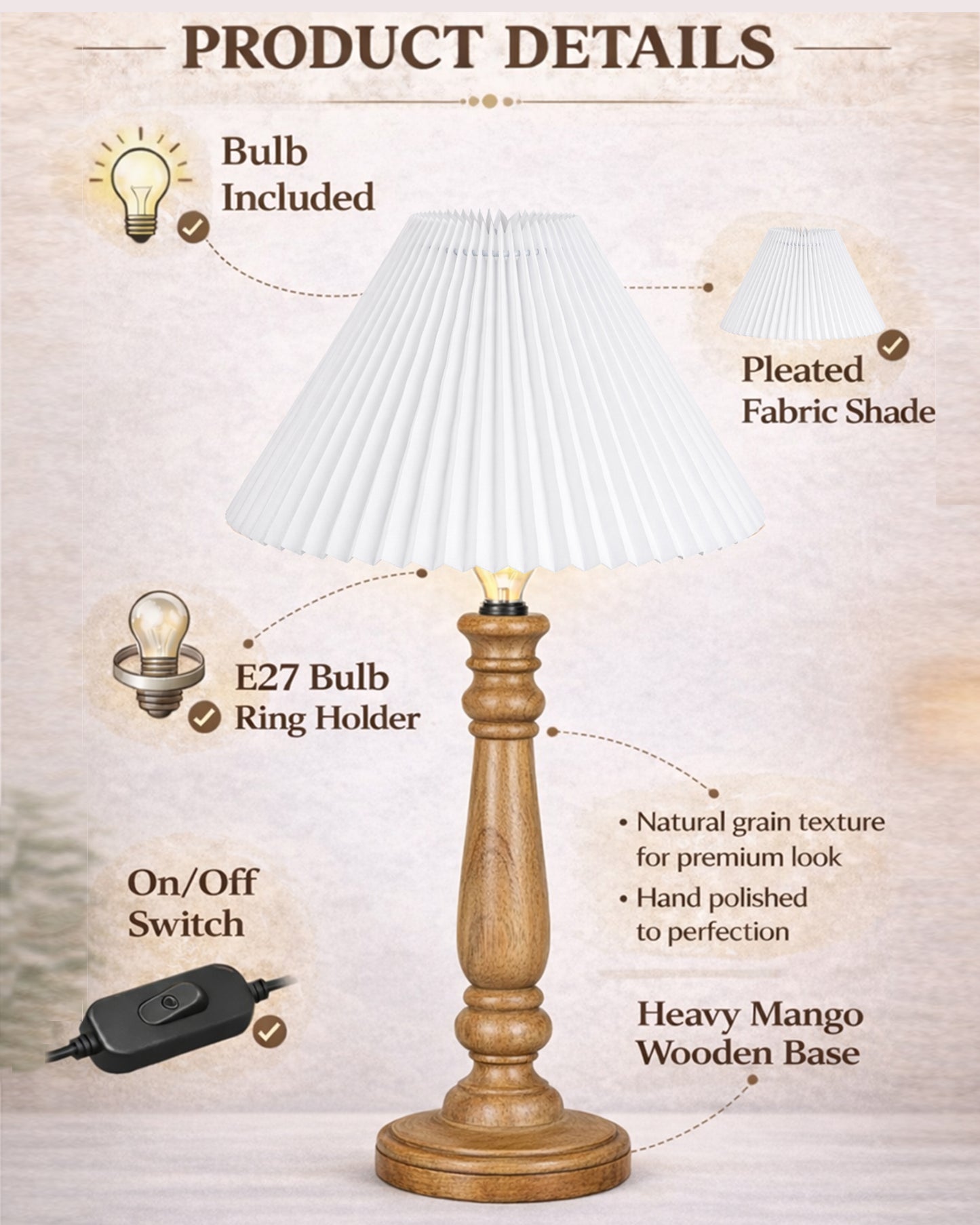 Homesake® Wood Bubble Bedside farmhouse Solid Wood Bedside Lamp for Bedroom | Decorative Table Light for Home & Gifting, Pleated White Shade