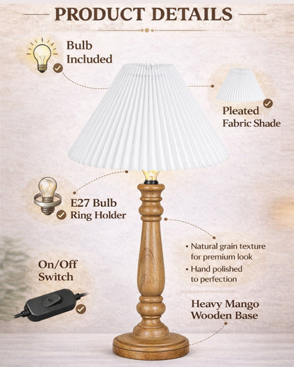 Homesake® Wood Bubble Bedside farmhouse Solid Wood Bedside Lamp for Bedroom | Decorative Table Light for Home & Gifting, Pleated White Shade